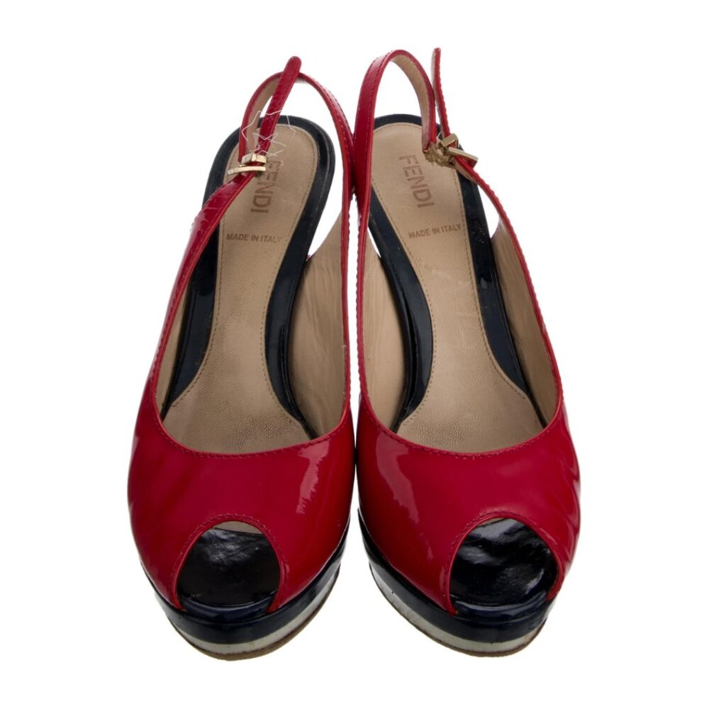FENDI  Red Leather Slingback Sandals with Colorblock Pattern